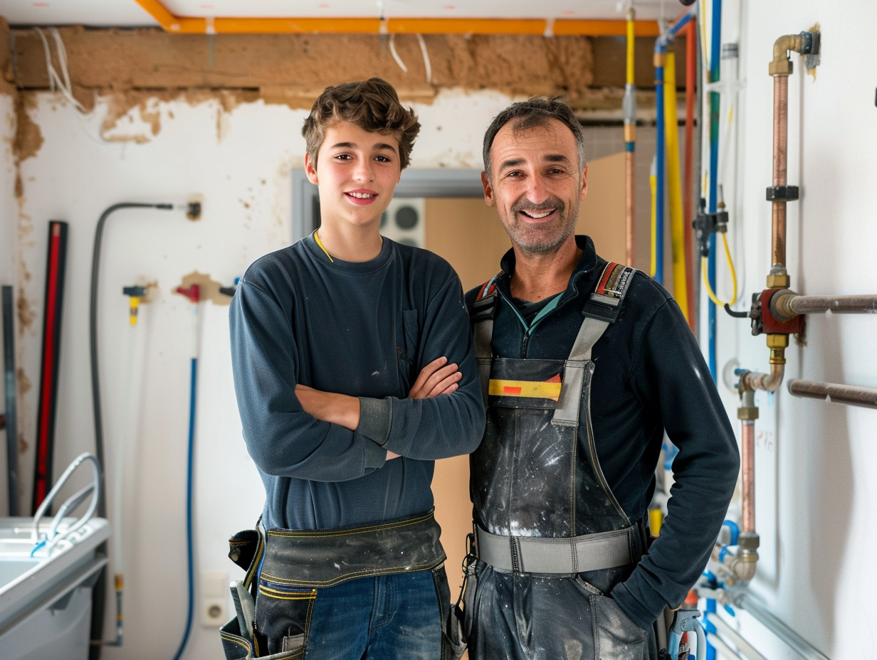 Lehrling Gebäude-und Installationstechnik mit Mentor auf der Baustelle