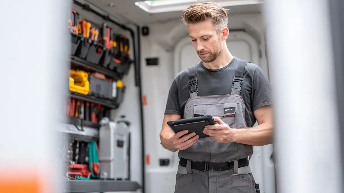 Kaeltetechniker mit iPad und gut sortiertem Werkzeug