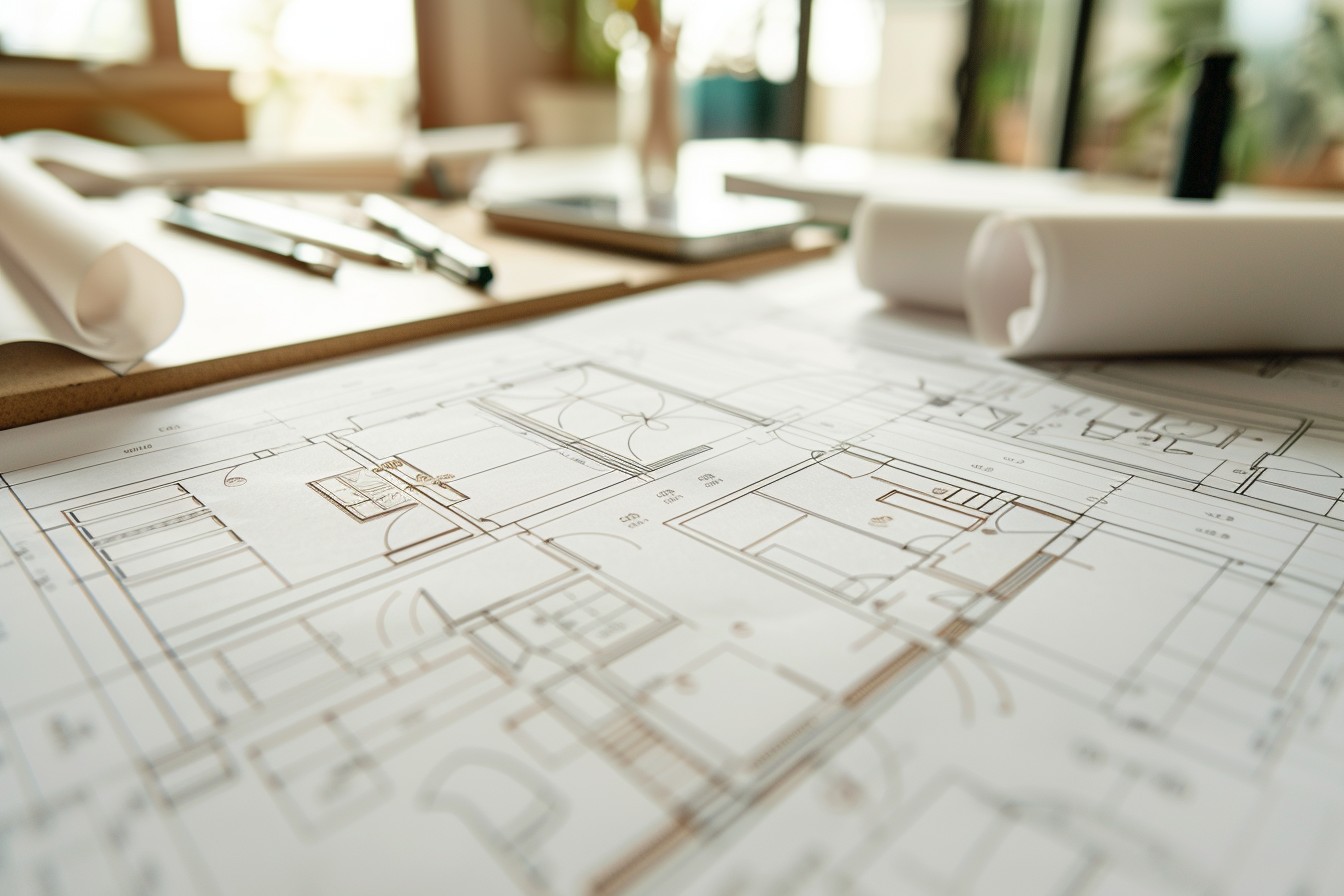 Planungsunterlagen für Wärmepumpeninstallation auf dem Schreibtisch