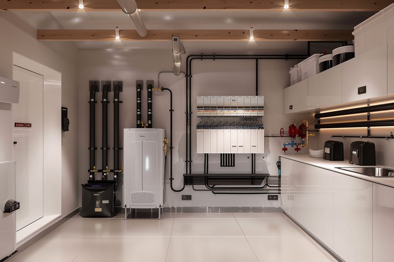 Sauberer Technikraum mit Wärmepumpeninstallation