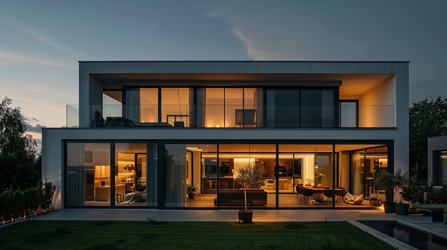 Erleuchtetes modernes Haus bei Sonnenaufgang