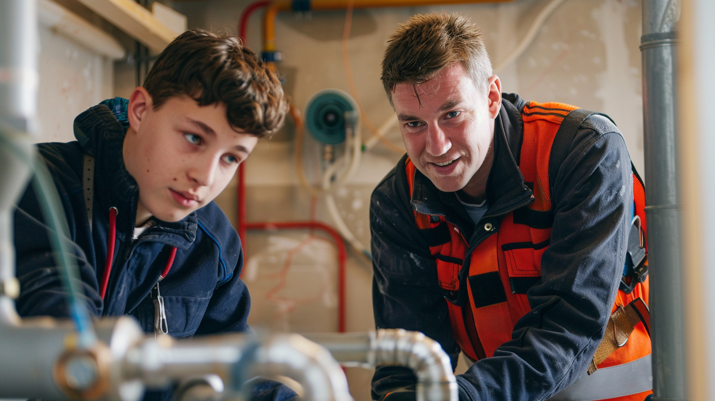 Lehrling beim Lernen durch gemeinsame Arbeit mit erfahrenem Installateur