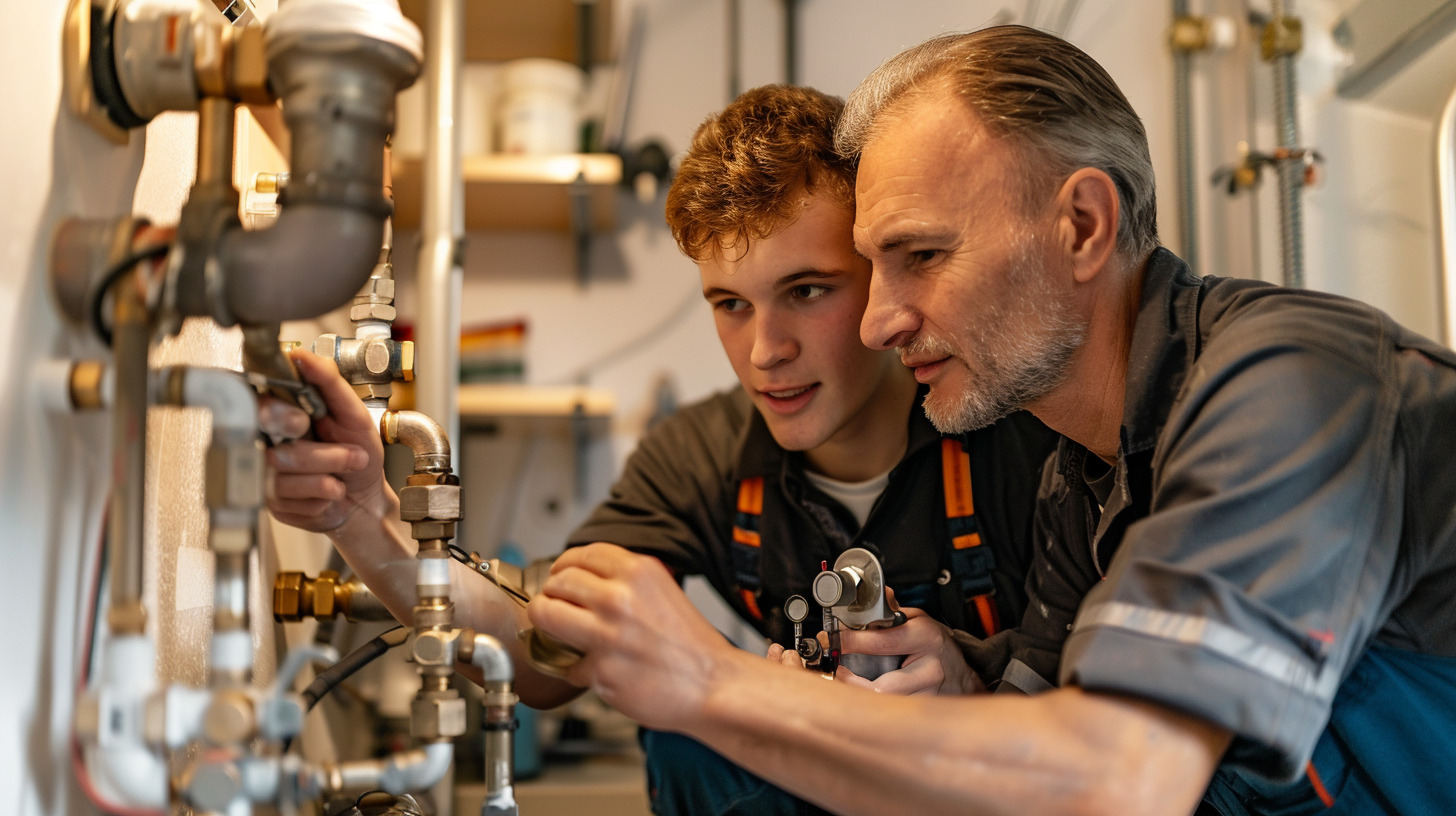 Lehrling &uuml;bernimmt Aufgaben begleitet von erfahrenem Kollegen.