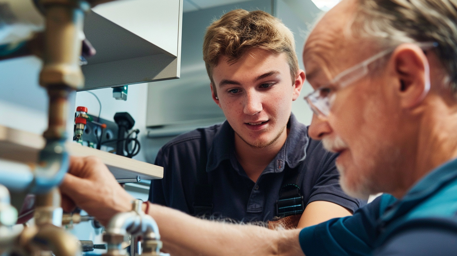 Lehrling bei Arbeit gemeinsam mit Mentor