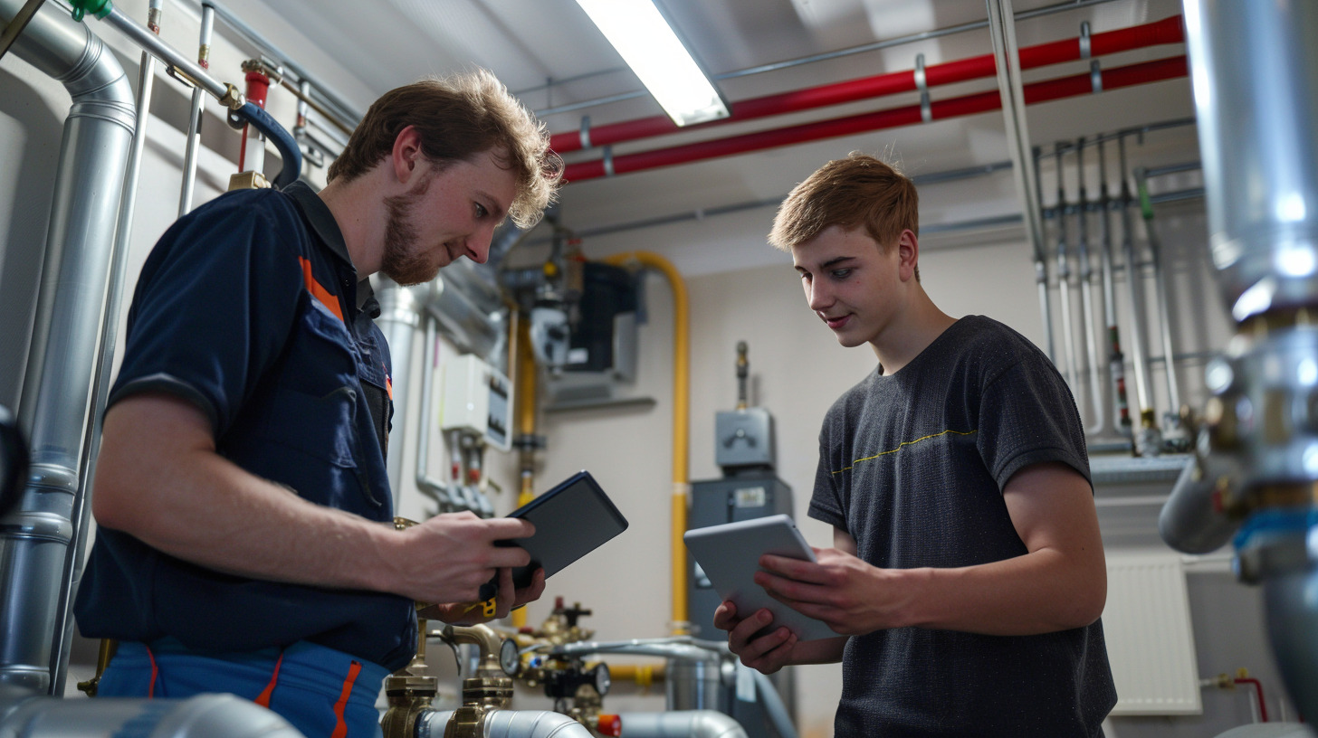 Lehrling und erfahrener Kollege bei der Arbeit mit modernem Equipment
