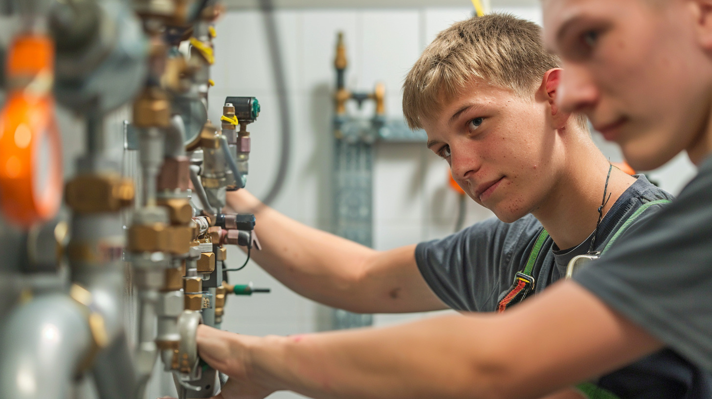 Lehrling und Mentor arbeiten an sauberer Anlage