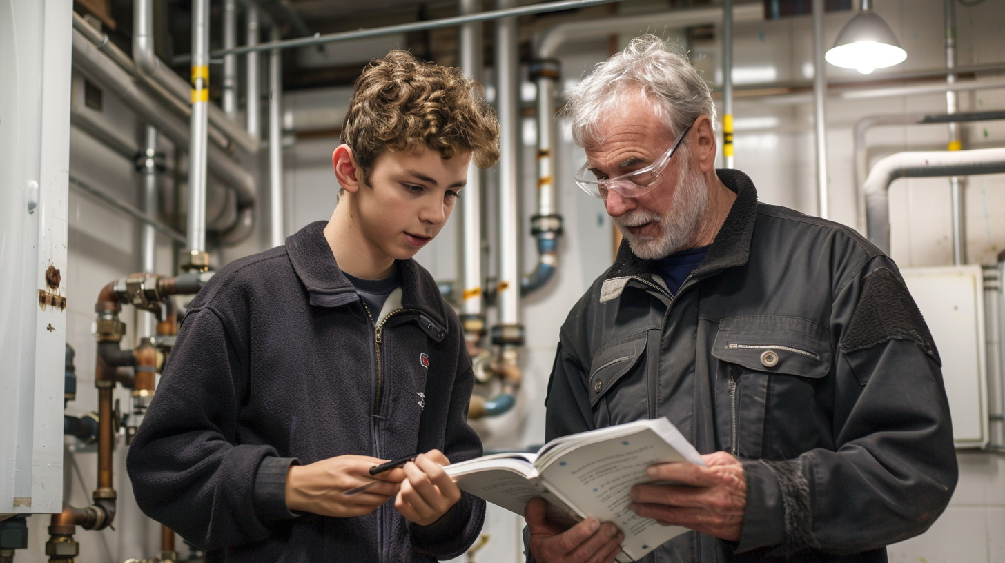 Lehrling bekommt Unterrichtsstoff aus der Berufsschule von erfahrenem Mentor erkl&auml;rt