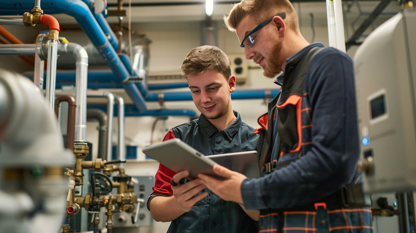Lehrling und erfahrener Mentor f&uuml;hren Pr&uuml;fungen auf der Anlage mit dem iPad durch.