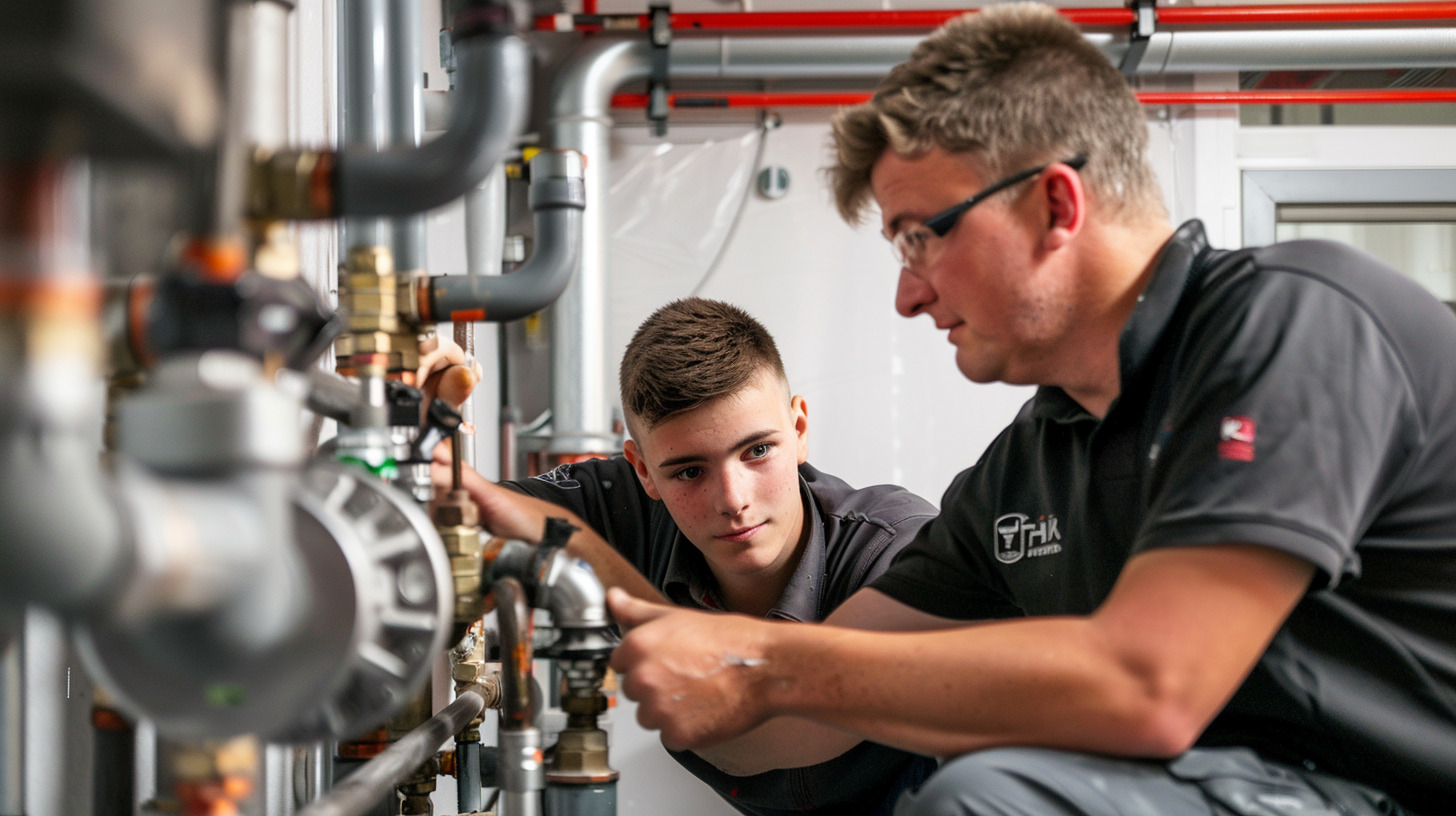 Junger Installateur und Lehrling arbeitet gemeinsam mit seinem Mentor